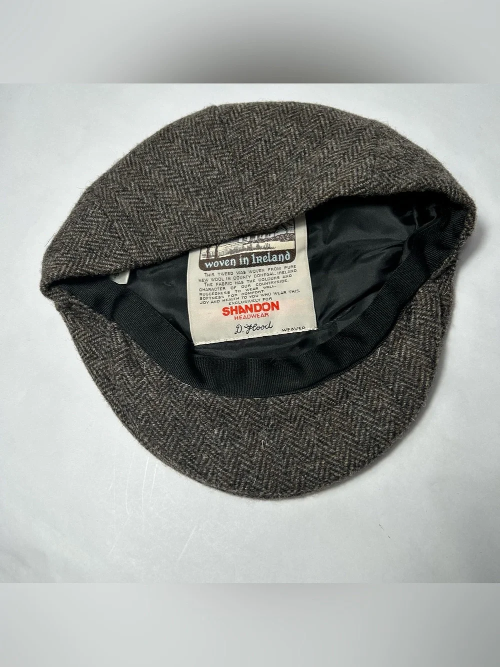 Shandon Donegal Tweed Hat Newsboy Cap Ireland Mens Wool Gray Herringbone 7 3/8